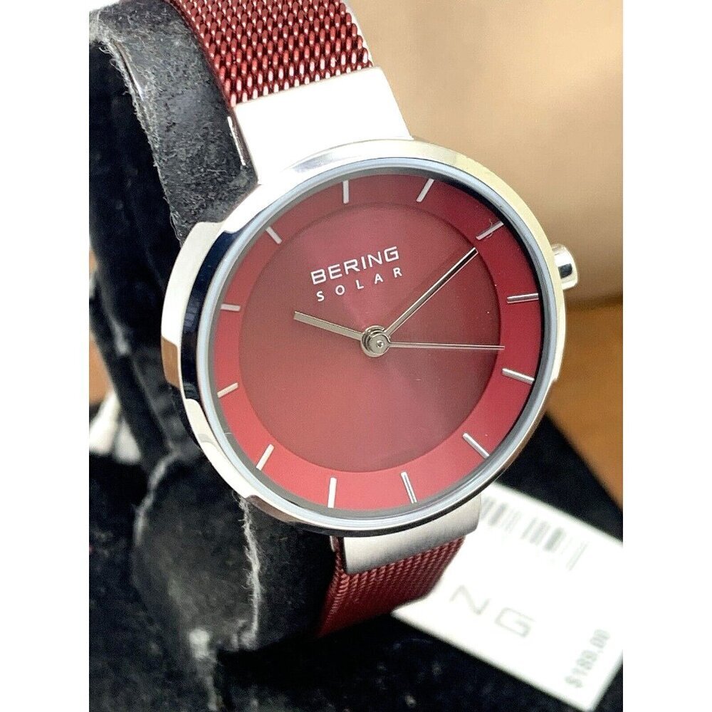 Bering Women's Watch 14627-303 Solar Silver Red Mesh Steel Band 27mm